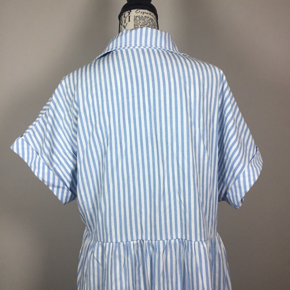 Light blue & white striped button down summer dress shirt sleeve tiered skirt L - Picture 6 of 8